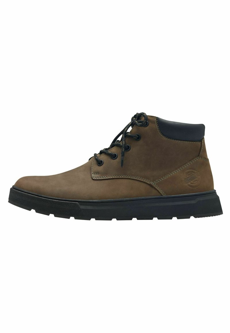Brown leather ankle boots with black accents, round toe, lace-up design, rubber sole, stitched detailing, and logo on the side.