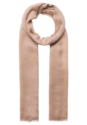 Écharpe en laine beige douce, bouclée de manière lâche avec des bords à franges, présentée à plat sur un fond blanc.