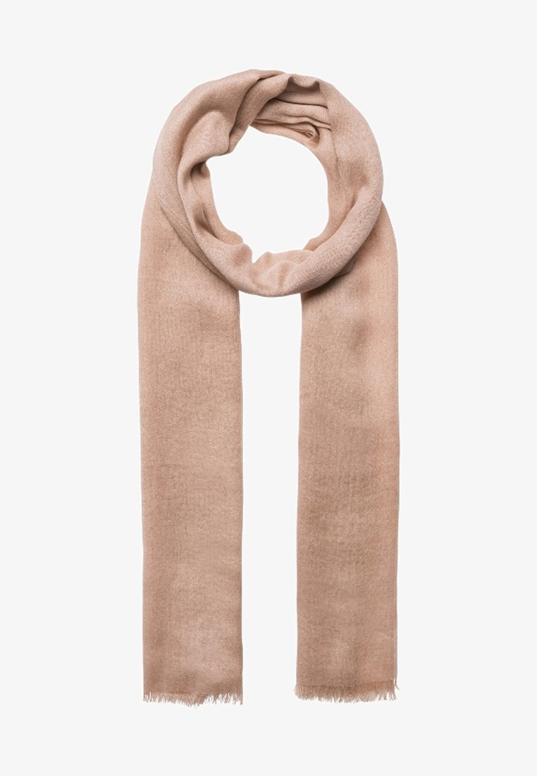 Écharpe en laine beige douce, bouclée de manière lâche avec des bords à franges, présentée à plat sur un fond blanc.