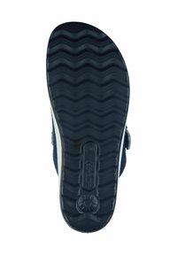 Black rubber sole with a wave pattern, featuring a slight heel and a textured surface. Side view shows a blue fabric upper with gray accents.