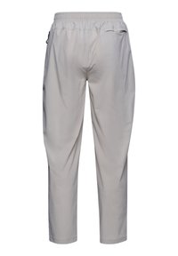 Light gray casual pants with an elastic waistband and a zippered back pocket, shown from the rear, on a white background.