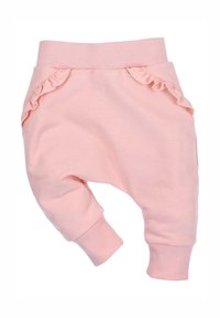 Roze babybroek van zachte katoen. Heeft een geribbelde tailleband en mouwen, met ruches op de zijzakken. Ontwerp met een ontspannen pasvorm.