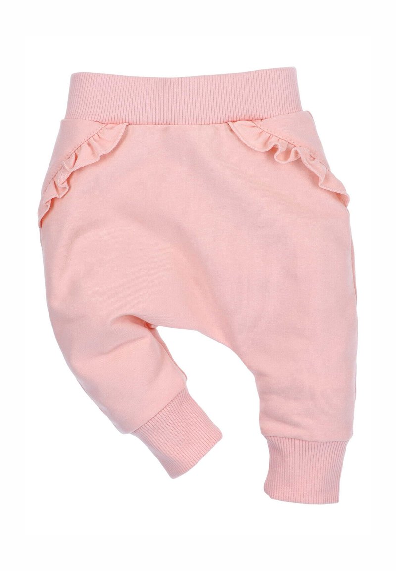 Roze babybroek van zachte katoen. Heeft een geribbelde tailleband en mouwen, met ruches op de zijzakken. Ontwerp met een ontspannen pasvorm.