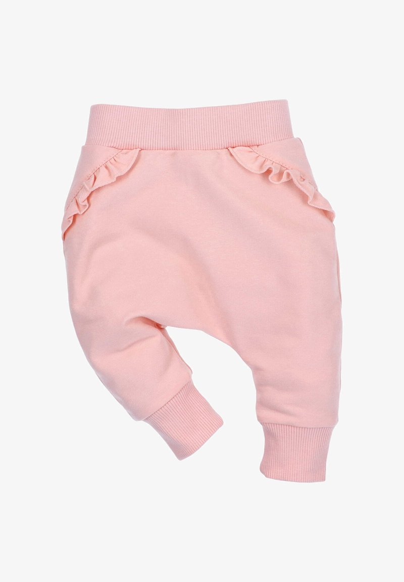 Roze babybroek van zachte katoen. Heeft een geribbelde tailleband en mouwen, met ruches op de zijzakken. Ontwerp met een ontspannen pasvorm.