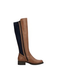 Bota de cuero marrón hasta la rodilla con un panel trasero de ante azul marino, cremallera frontal y un tacón bajo. Textura suave con un diseño elegante.