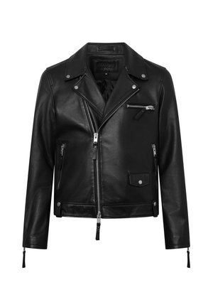 Sort lædermotorcykeljakke med spring-krave, frontlynlåse, sidelommer og brystlommer samt trykknapdetaljer.