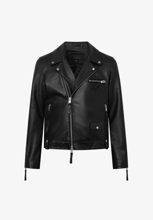 Mustan nahkatehdas moottoripyörä takki jossa on lovellinen kaulus, etuvetoketju, sivu- ja rintataskut sekä nepparin yksityiskohtia.