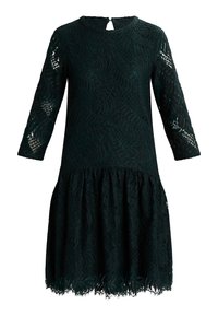 Dunkelgrünes Spitzenkleid mit Dreiviertelärmeln, rundem Ausschnitt und gerafftem Rock. Blumendesign und gewellter Saum.