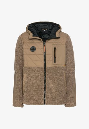 Braune Jacke mit gesteppter Optik im oberen Bereich und flauschiger Textur unten. Verfügt über eine Reißverschlusstasche, Kapuze und gesticktes Logo auf der Brust.
