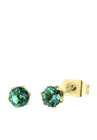 Goldene Ohrstecker mit runden, facettierten türkisblauen Edelsteinen, die mit Krappenfassungen für Stabilität und Glanz gesichert sind.