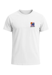 White cotton t-shirt featuring a small, multicolored logo with a palm design and the text "Neverless" beneath it, located on the chest area.