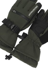 Gröna isolerade handskar med ett vattentätt yttre, justerbart band och texturerat grepp på fingrarna. Innehåller en blixtlåsficka.