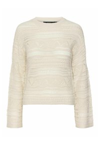 Sweter dziany w kremowej bieli, z fakturowanym, otwartym wzorem, długimi rękawami i okrągłym dekoltem.