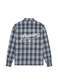 Chemise à manches longues à carreaux bleu et blanc avec poignets boutonnés et texte et motif blancs imprimés dans le dos.