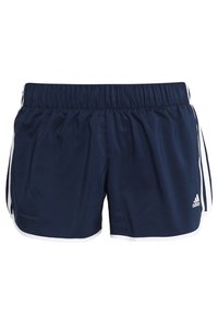 Navyblå sportshorts i ett lätt och smidigt material. Elastisk midja, vita sidestreck och Adidas-logotyp i vitt.