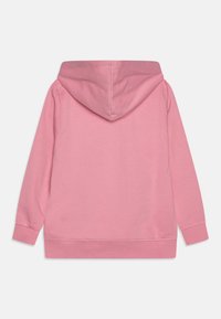 Felpa rosa con una consistenza morbida, dotata di tasca a canguro, polsini a coste e cappuccio con coulisse. Tessuto liscio, design semplice.