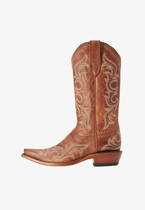 Brown leather cowboy boot with intricate light tan stitching and a low stacked heel, viewed from the left side on a white background.