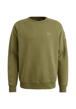 Felpa khaki in cotone misto, con collo rotondo, polsini a coste e un piccolo logo ricamato sul petto e sulla manica sinistra.