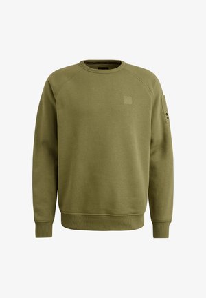 Khakifarbenes Sweatshirt aus Baumwollmix mit Rundhalsausschnitt, gerippten Bündchen und einem kleinen Logo-Patch auf der Brust und dem linken Arm.