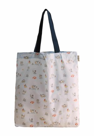 Weiße Tragetasche mit schwarzen Griffen, verziert mit einem Muster aus kleinen bunten Comic-Tieren, die schwimmen, Segelboote, Rettungsringe und Gummienten zeigen.