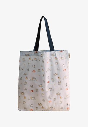 Biely taška na rameno s čiernymi rukoväťami so vzorom malých farebných kreslených zvierat plávajúcich, plachetníc, záchranných krúžkov a gumových kačičiek.