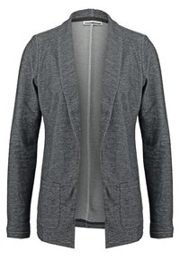 Blazer gris foncé à ouverture frontale, manches longues et deux poches avant, en tissu texturé.
