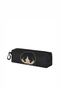 Trousse noire avec fermeture éclair, présentant un design de personnage de dessin animé d'un côté. Fabriquée en tissu résistant avec une texture lisse.