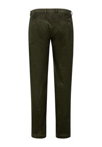 Olivgröna kordfloddsbyxor med rak bendesign, två bakfickor och en texturerad tygfinish.