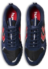 Navy and black athletic shoes with red accents, textured mesh upper, round toe, flat laces, and brand logo on the tongue.