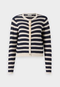 Navy and cream striped cardigan with a round neck, button closure, and textured knit material. Features ribbed trim at cuffs and hem.