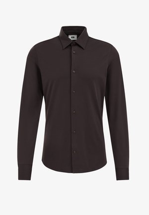 Langärmliges, dunkelbraunes Hemd aus glattem Stoff, mit klassischem Kragen und vorderer Knopfleiste mit passenden braunen Knöpfen.
