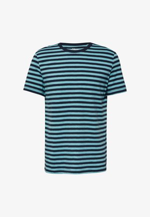 Kurzärmeliges T-Shirt mit Rundhalsausschnitt, horizontalen Streifen in Marine- und Petrolblau, einfarbiger Rückseite und regulärer Passform.