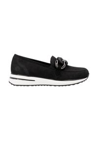 Černá semišová slip-on obuv s kulatou špičkou, zdobená dekorativními kovovými prvky, bílou mezipodešví a texturovanou černou podrážkou.