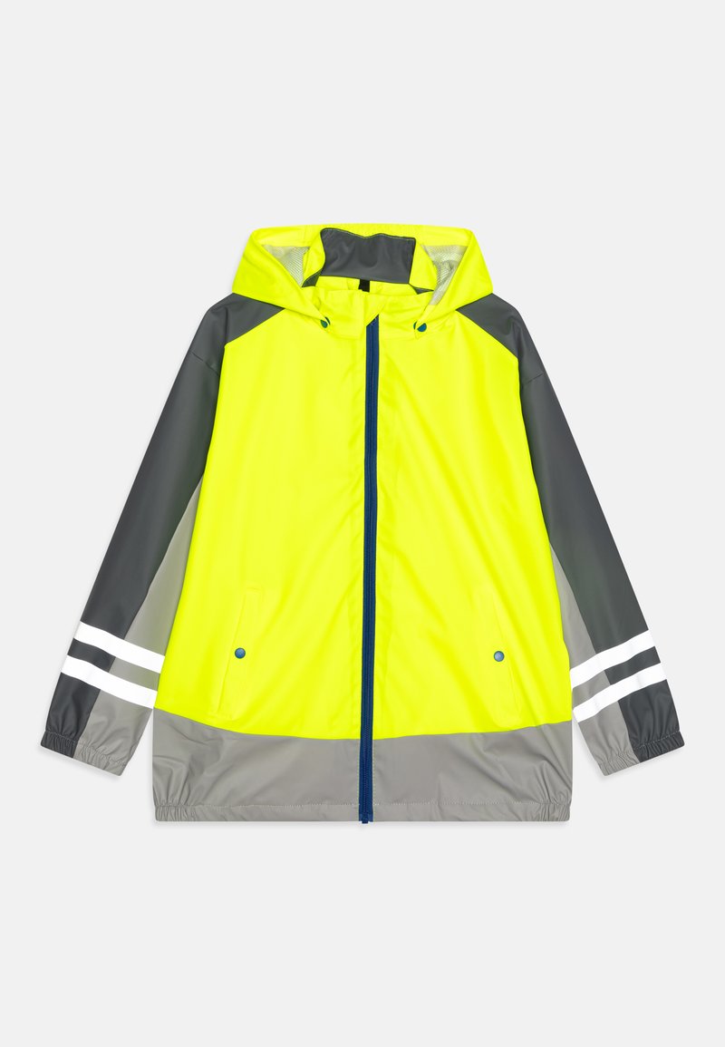 Hochsichtbare Regenjacke in leuchtendem Gelb mit grauen Akzenten. Verfügt über eine Kapuze, einen Reißverschluss und reflektierende Streifen an den Ärmeln.