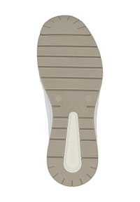 Weiße Turnschuhsohle mit geriffelter Textur. Verfügt über eine beige Gummischicht, ein erhabenes Logo und Traktionslinien für besseren Halt. Größe mit 37 gekennzeichnet.