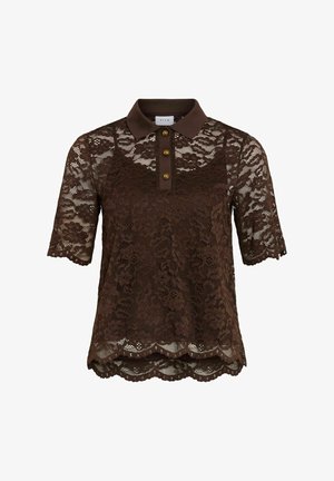 Bruine kanten polo shirt met een gekraagde halslijn, korte mouwen, drie gouden knopen en een scalloped zoom met een bloemenpatroon.