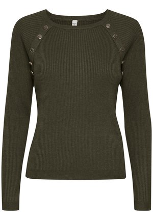 Csíkozott zöld pulóver hosszú ujjal, kerek nyakkivágással és díszes ezüst gombokkal a vállon. Puha tapintás, testhezálló fazon.