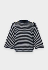 Pulover tricotat cu dungi marine și albe, cu gât rotund, mâneci până la trei sferturi și accente cu nasturi aurii pe umeri.