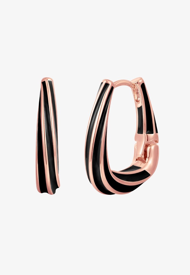 Pendientes de aro en oro rosa con franjas de esmalte negro, que presentan una forma alargada y elegante con un acabado pulido, destacando elementos de diseño moderno.