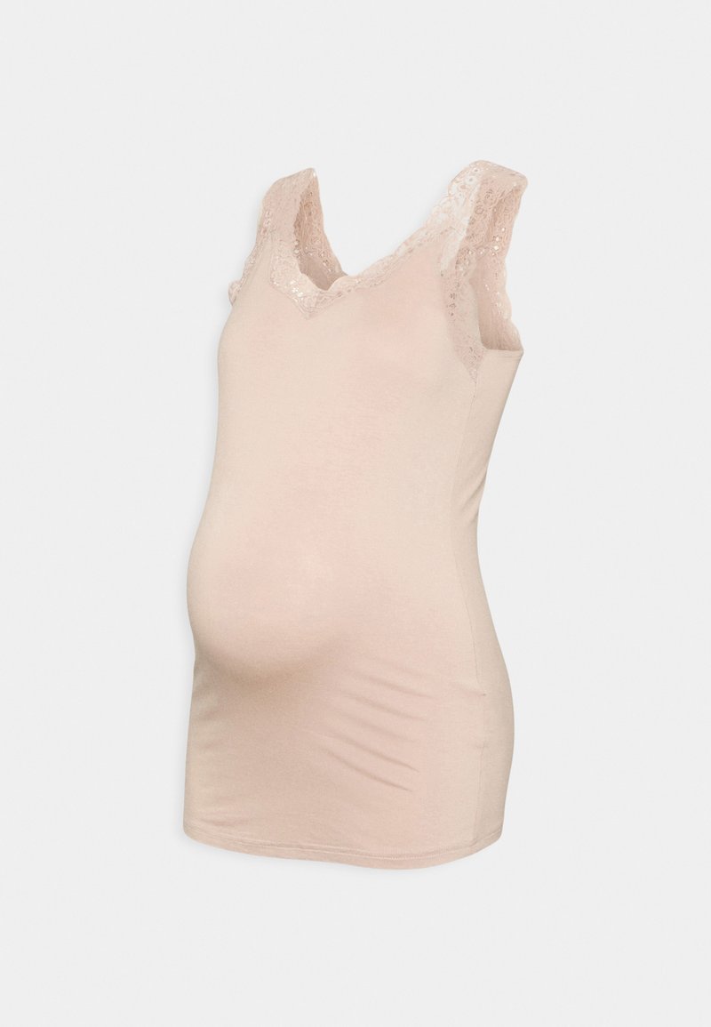 Top maternidade rosa claro com um design ajustado, apresentando detalhes em renda ao longo do decote e dos ombros. Textura de tecido suave.