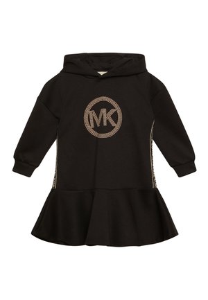 Schwarzes Langarm-Kapuzenkleid mit ausgestelltem Saum, metallischem MK-Logo auf der Brust und goldakzentuierten Seitenpanelen.