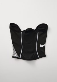 Soutien-gorge de sport noir présentant une découpe ronde, des panneaux texturés et des lignes d'accent blanc ; logo Nike affiché sur le côté avant gauche.
