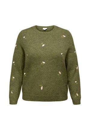 Olivengrøn strikket sweater med små pink og hvide broderede blomster mønstre spredt på forsiden og ærmerne.