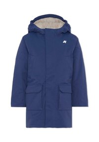 Cappotto impermeabile blu navy con cappuccio foderato morbido, due tasche frontali e un logo sul petto. Progettato per il calore e l'utilità.