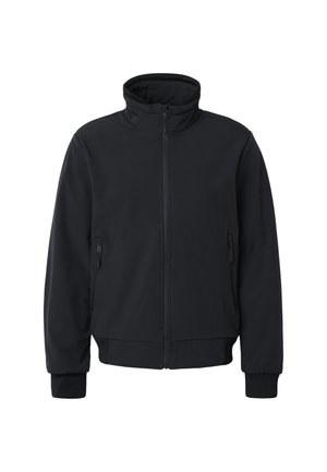 Schwarze Jacke mit Reißverschluss und hohem Kragen, zwei seitlichen Reißverschlusstaschen sowie gerippten Bündchen an Ärmeln und Saum, dargestellt vor weißem Hintergrund.