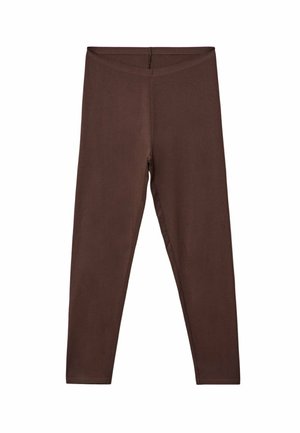 Leggings marroni elasticizzati con un design aderente, vita alta e senza motivi o decorazioni visibili. Texture liscia e lunghezza completa.