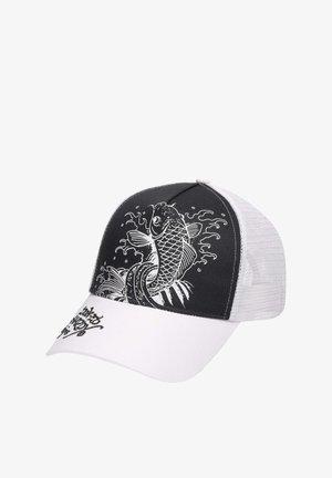 Black and white trucker cap featuring a koi fish graphic on the front, white mesh panels on the sides, and a solid white brim.