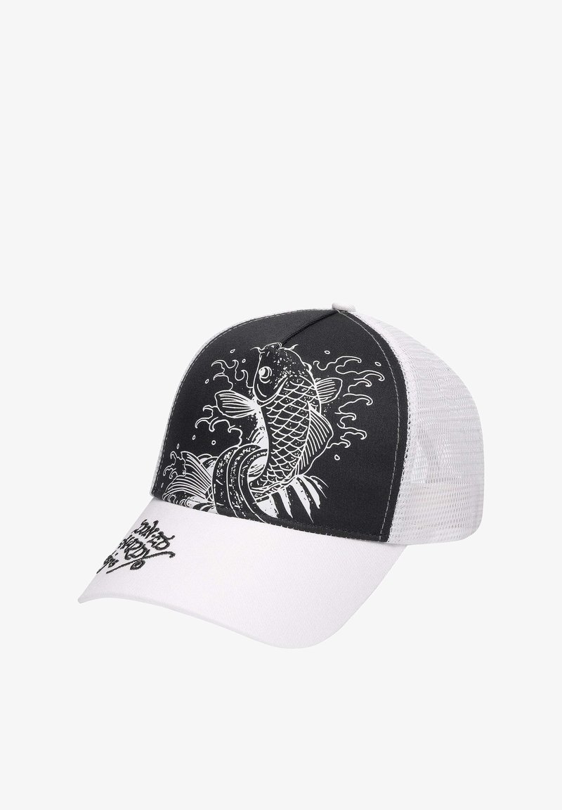 Black and white trucker cap featuring a koi fish graphic on the front, white mesh panels on the sides, and a solid white brim.