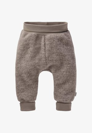 Grijze fleecetrouser met een elastische tailleband en geribbelde boorden; heeft een zachte textuur en een relaxte, taps toelopende pasvorm.