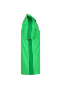 Grünes Poloshirt mit kurzen Ärmeln, mit einer einfarbigen Vorderseite und kontrastierenden Seitenpaneelen in einem helleren Grün, aus atmungsaktivem Material.